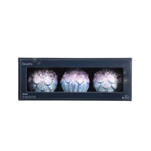 Decoris Luxe Glazen Kerstballen – Set van 3 | IJsblauw & Paars | Ø 8 cm