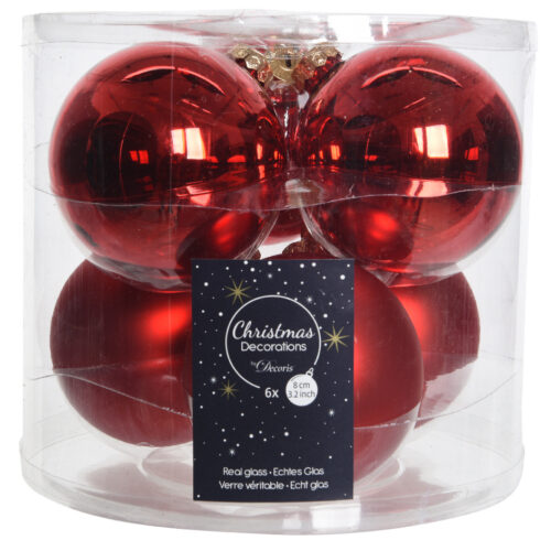 Decoris Glazen Kerstballen – Kerstrood | Set van 6 stuks (Ø 8 cm)
