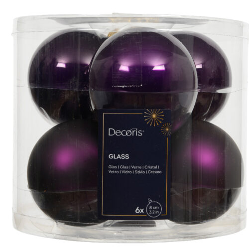 Decoris Glazen Kerstballen – Aubergine | Set van 6 stuks (Ø 8 cm)