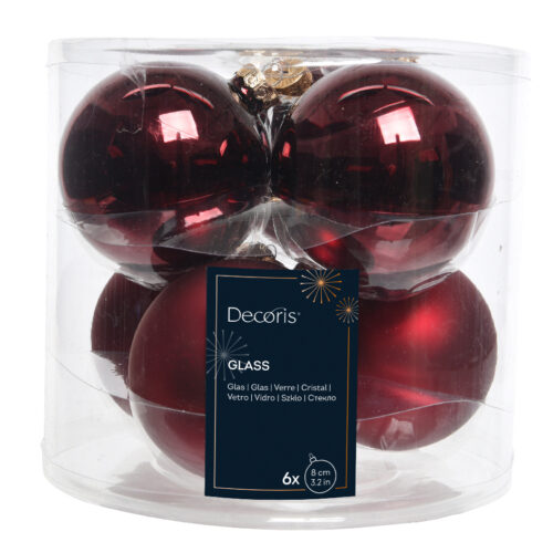 Decoris Glazen Kerstballen – Ossenbloed | Set van 6 stuks (Ø 8 cm)