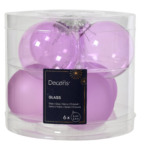 Decoris Glazen Kerstballen – Fris Lila | Set van 6 stuks (Ø 8 cm)