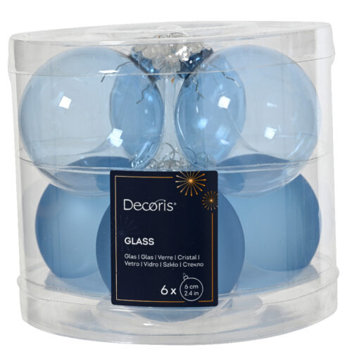 Decoris Glazen Kerstballen – IJsblauw | Set van 6 stuks (Ø 8 cm)