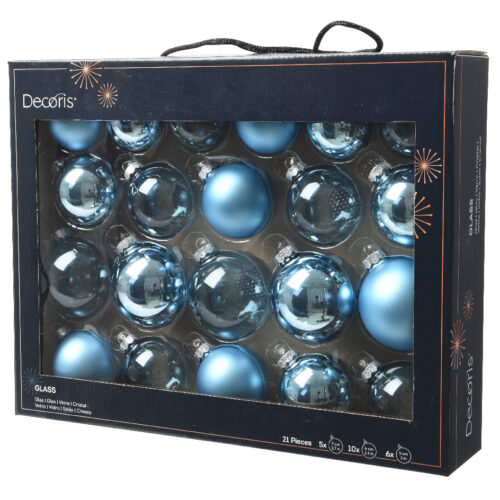 Decoris Glazen Kerstballen – IJsblauw | 21-delig Luxe Set 