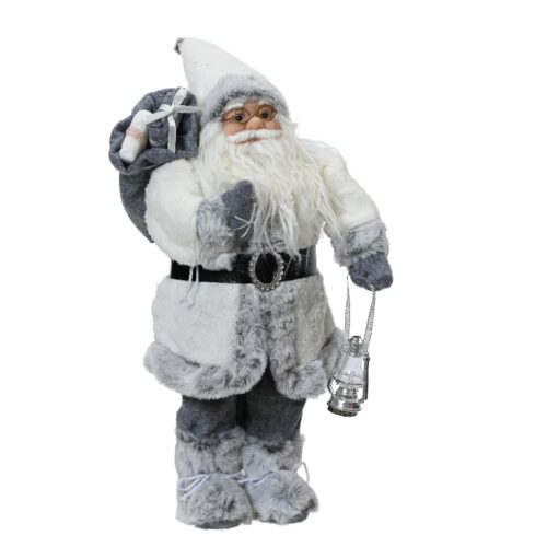 Kerstman – 30 cm, Wit en Grijs Faux Fur met Bel en Cadeauzak
